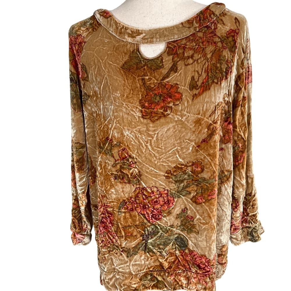 Soft Surroundings Top Women Small Tan Coral Floral Velvet Burnout‎ Tunic